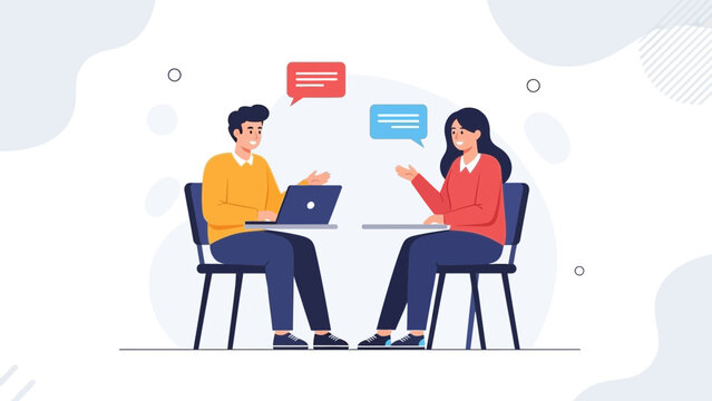 Two people talking with speech bubbles and laptop, communication concept