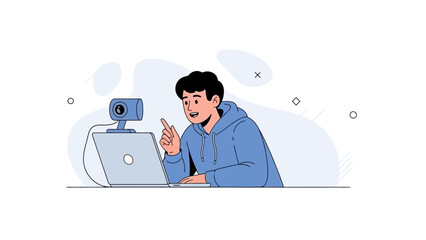 Young man with webcam on laptop, online communication, streaming, video call