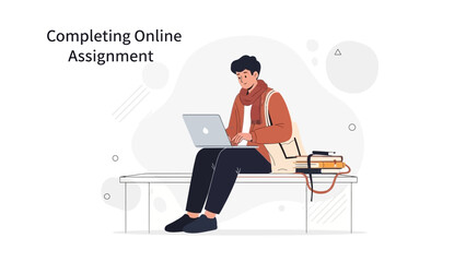 Student Completing Online Assignment on Laptop, Studying Outdoors