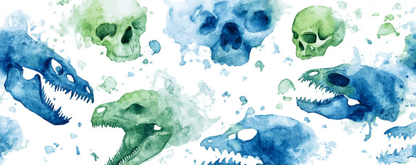 Loose watercolor sea monster and skull icons scattered seamlessly 32k ultra HD