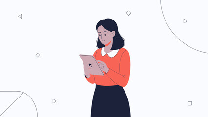 Woman using tablet computer, modern flat illustration with geometric shapes