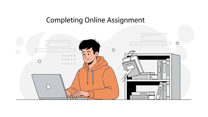 Student Completing Online Assignment on Laptop, Studying at Home