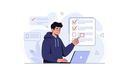 Man completing checklist on laptop, online survey, task management, modern flat illustration