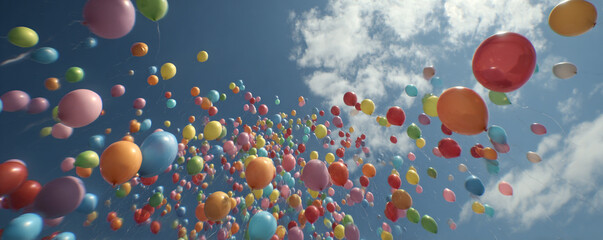 Low-angle worma??s eye perspective looking up at balloons floating overhead 32k