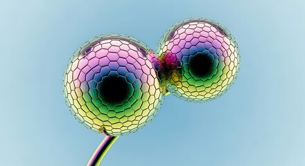 Abstract close-up of two translucent, cellular-pattern spheres joined by a stem, gradient colors