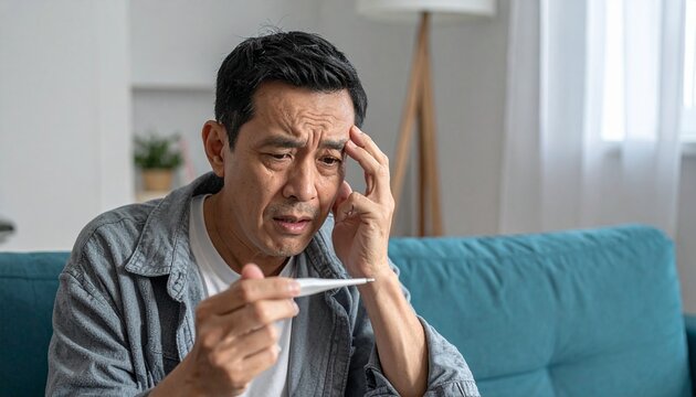 Man with a thermometer looking concerned, possibly experiencing a fever or illness, indoors on a couch.