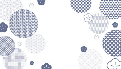 16:9サイズのベクターイラストデータ：日本の伝統的な柄と桜の花を集めた藍色の背景素材