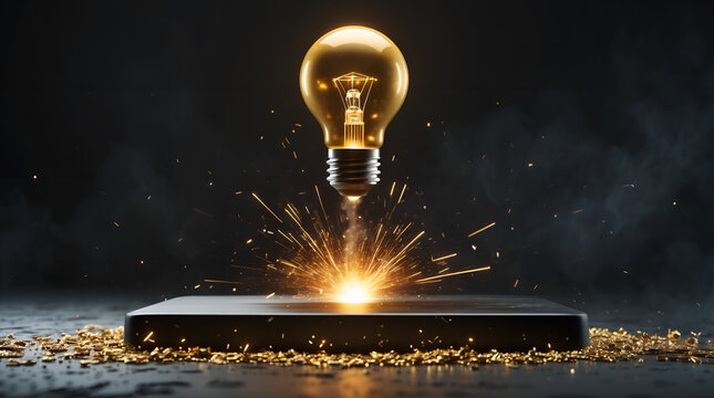 Golden lightbulb launching from black platform with sparks, creative idea startup concept background
