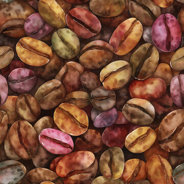 colorful watercolor coffee beans arranged in a seamless patterned texture.