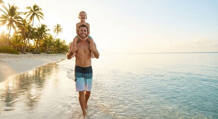 Happy Father Son Walking on a Tropical Beach