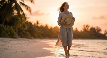 Relaxed Woman Walking on Tropical Sunset Beach