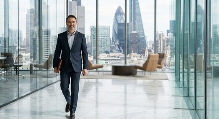Confident Businessman Walks Through Modern City Office
