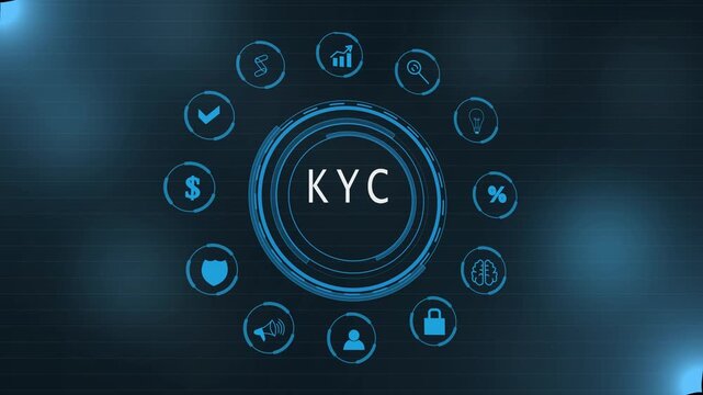 KYC acronym in center of hexagonal diagram with business icons and dot Keywords: KYC, acronym, business, technology, diagram, hexagonal, icons, abstract circles and gears backgrounds 4K LOOP