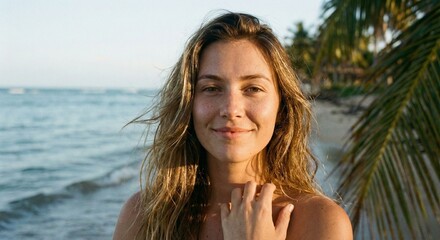 Smiling Young Woman on Tropical Beach.