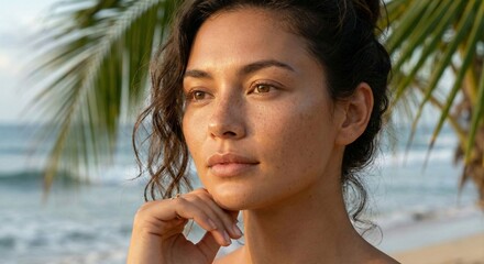 Beautiful Woman on Tropical Beach at Sunset