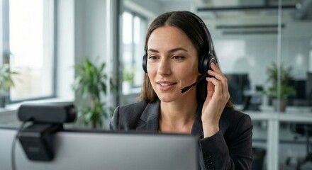 Smiling Woman Wearing Headset Working in Office