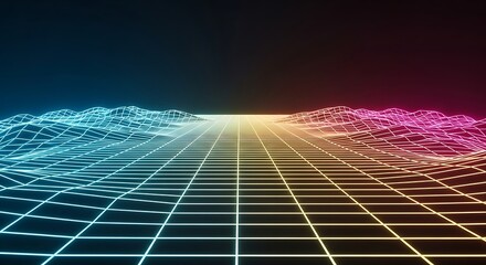 Abstract digital landscape featuring wireframe mountains and a grid, lit with vibrant colors