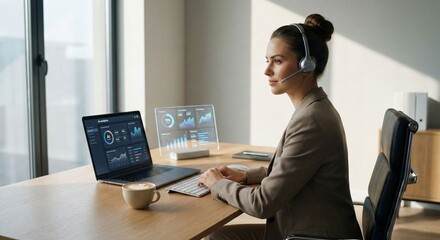 Focused Businesswoman with Headset and Data Displays