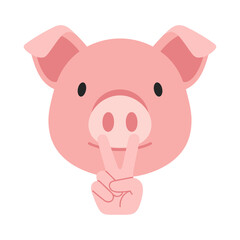 Fototapeta premium A pink pig's face with a hand making a hush gesture on a white background illustration.