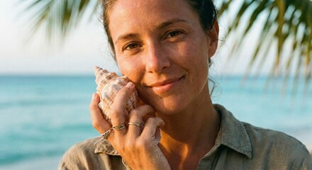 Woman Holding Seashell on Tropical Beach