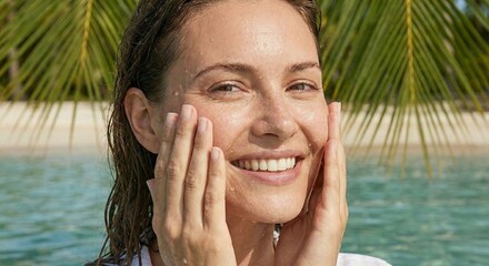Smiling Woman with Wet Face in Tropical Water