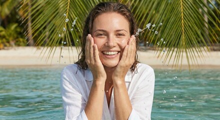 Happy Woman Splashing Water in Tropical Ocean