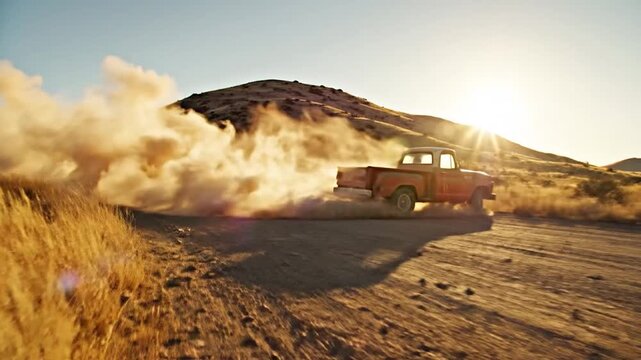 An old red pickup truck speeds along a dusty dirt road at sunset, kicking up