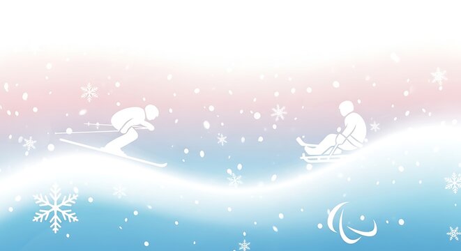 Stylized white silhouettes of a skier and a person in a sledging chair on a gradient background with falling snowflakes.