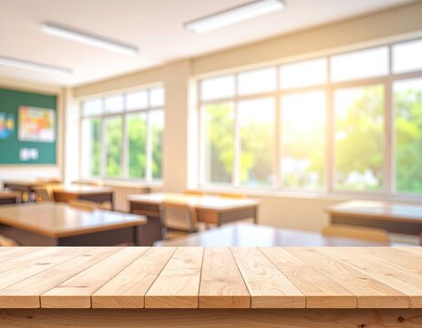 Classroom view over wooden counter; bright sunny backdrop