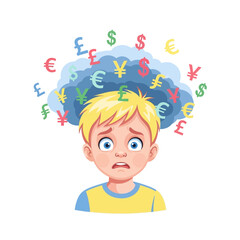 A worried boy has many currency symbols floating above his head in thought.
