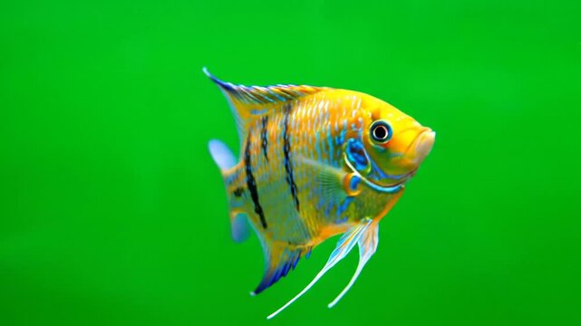A vibrant yellow and black striped angelfish swimming in a green aquarium.