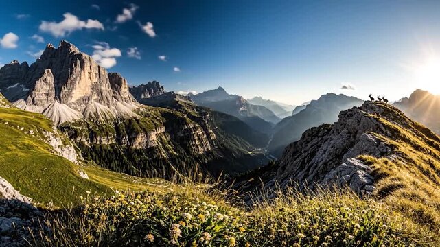 Majestic mountain range with lush green valleys under a clear blue sky