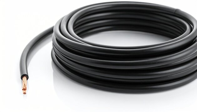 Coiled black cable shows copper wiring on white background