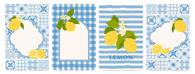 Fototapeta premium Italy, Amalfi Coast. A set of decorative frames and backdrops with Sicilian lemons in the style of the Amalfi Coast. Italian ceramic patterns and tiles in blue and white tones.