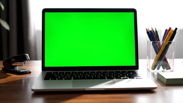 Laptop green screen on desk with home office.