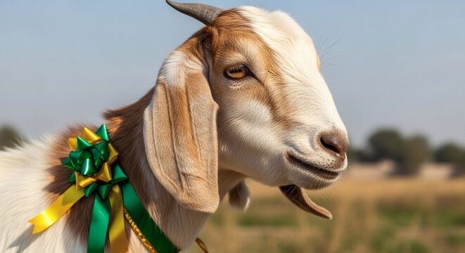 Close-up of live goat decorated with simple festive ribbon before Eid al-Adha in rural Pakistan.