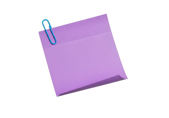 A lilac sticky note with a blue paperclip digitally rendered on transparent background