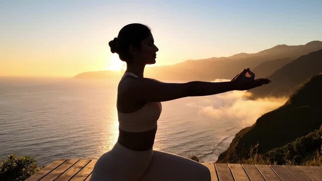 Woman Practicing Yoga on a Cliffside at Sunset.