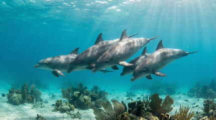 Fototapeta premium A pod of bottlenose dolphins gracefully swims through clear blue ocean waters near a coral reef.