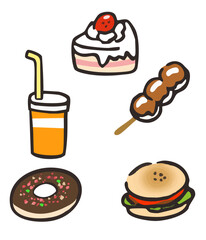 手で描いたハンバーガーとジュース、甘いスイーツのベクターイラスト