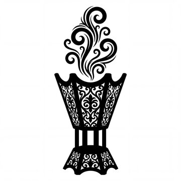 Black Incense Burner with Swirling Smoke and Ornate Patterns, Ramadan Islamic Design, Isolated on White