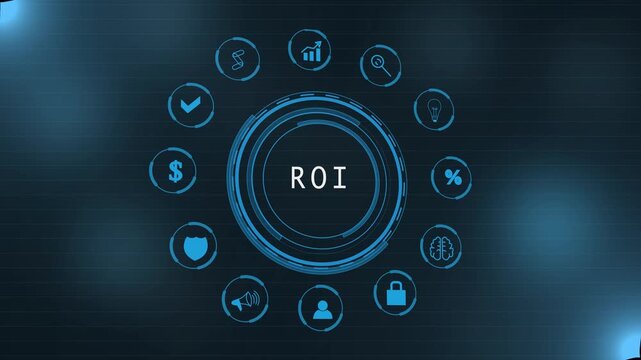 A Return on Investment button on a clear projection ,Business, Technology and network concept. Animated Dynamic wave of color particles. Digital technology background random dot 4K.