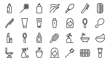 Fototapeta premium A diverse array of 30 linear outline icons is compiled, encompassing numerous concepts pertinent to hair care