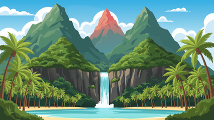 Tropical island getaway vector illustration with waterfall, palm trees, mountains, beach, and lagoon © Vector