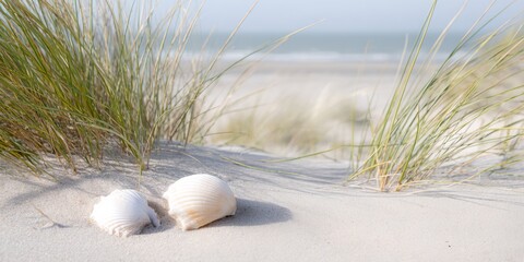 Two shells are on the sand near the water