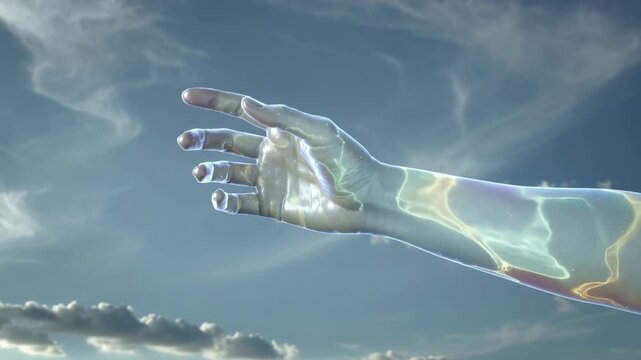 Transparent wave 3d hand reaching for the sky with ethereal blue sky background and think white clouds