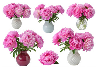 Obraz premium Beautiful pink carnations arranged in white vases isolated on transparent background