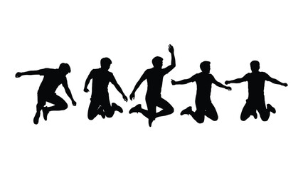 Five silhouetted figures joyfully jumping in mid-air against a white background. isolated on white background, Vector