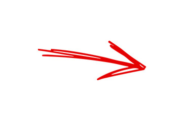 Red hand drawn doodle arrow pointing right, isolated on transparent background for web design