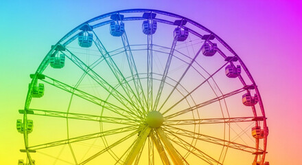 Vibrant ferris wheel with rainbow colors against a gradient background symbolizing fun and excitement at an amusement park or carnival conveying joy and happiness